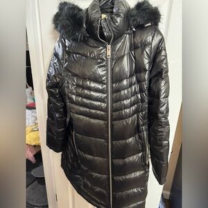 Women's Black Michael Kors Puffer Jacket with Faux Fur Trim medium